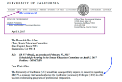 UC Office of Gov’t Affairs (Dir, Nelson Peacock) Sample Ltr 2017 Apr 30 (re having the CCC system start teacher credentialing)( well-written ~~ 2 Sshots 2019Apr29 Mon PST@10.41.35&nbsp;AM