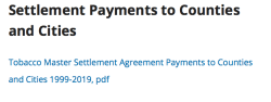 (California) Tobacco MSA Settlemt Paymts to Counties and Cities 1999-2019 (one yr per page) from OAG website ~~ Screen Shot 2019-05-28 at 8.59.39&nbsp;AM