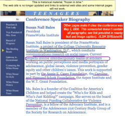 Susan Nall Bales bio blurb on (Clinton archives) May 2000 Whitehouse Conference on Teenagers | Screen Shot 2019-06-16 at 2.09.10&nbsp;PM