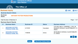 AnthonyPotterProdux has 2 difft BusIDs Here, #0175787 LastRept2013 WmHCAMPBELL CPA 26 NAUBUC AVE GLASTONBURY 2019July23 PST @2.09.04&nbsp;PM