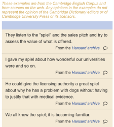 Cambridge English Dictionary, ‘spiel’ (Cambridge Univ Press) ~ Screen Shot 2019-08-03 at 12.46.36 PM