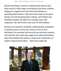 NYT Fred Kavli Obituary 2013 (excerpt, see my FrontPage as of today, near top) Screen Shot 2019-10-15 at 11.11.42 AM