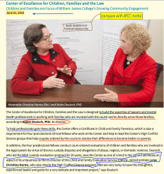 Christina Harms (L), Robin Deutsch, 1June2014, website WmJames College, re its CECFL, CAFES, post-doctoral students and High-Conflict Institute (for my post) Screen Shot 2020-06-26 at 9.12.37&nbsp;AM